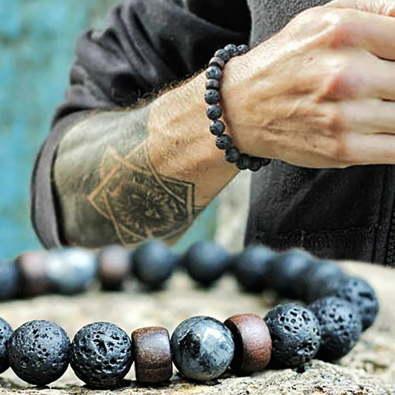 BAZARRR Pulseira de Pedra Vulcânica para Homens,  Lava e Madeira de 8mm, Pulseira Tibetana com Buda, Jóia para Homens e Mulheres