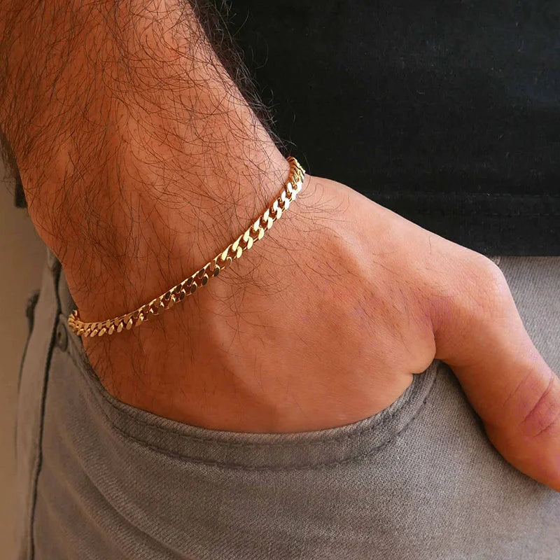 BAZARRR  Pulseira Simples em Corrente de Aço Inoxidável, Banhadas a Ouro e Prata, para Homens,  Jóia de Pulseira